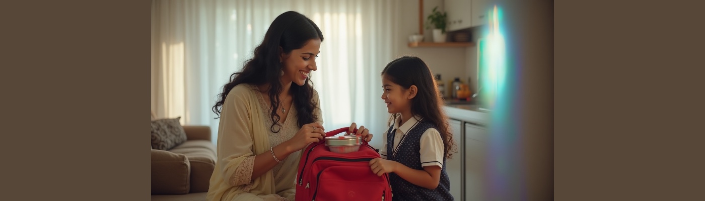 Mother giving her daughter roasted snacks in her tiffin